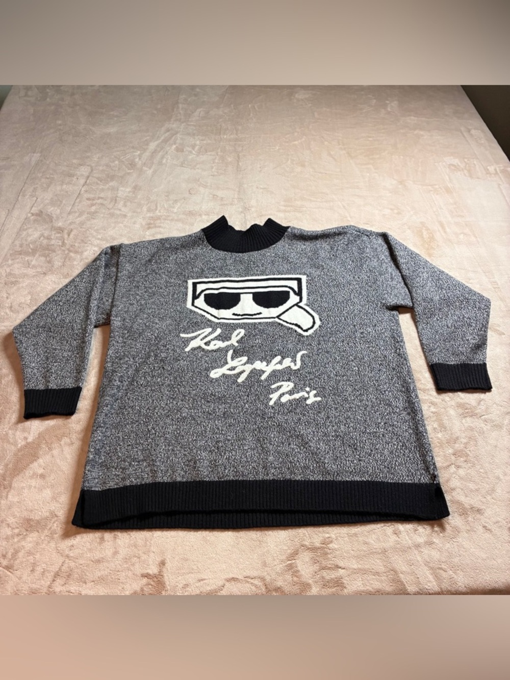 Karl Lagerfeld Paris Graphic Knit Mock Turtleneck Sweater Women’s XL Black Gray